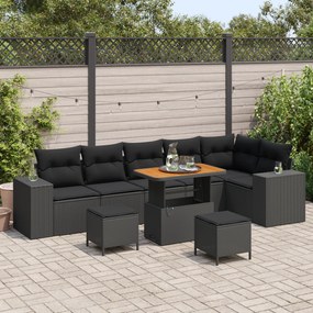 Conjunto de Sofás de Jardim 9 Peças com Almofadas Preto Rattan Poliést