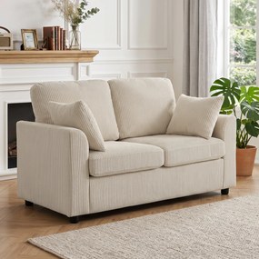 Sofá de 2 lugares pequeno 144 L x 76 P x 89 A cm em veludo canelado, sofá de sala de 144 cm com assento largo estofado, 2 almofadas, bege