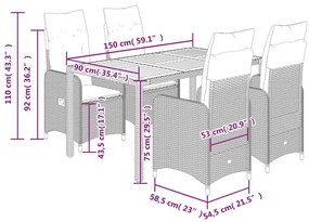 5 pcs conjunto bistrô de jardim c/ almofadões vime PE cinza