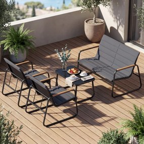 Conjunto de jardim de 4 peças, com almofadas, mesa de vidro temperado e cadeiras de jardim para alpendre, varanda ou jardim com almofadas Cinza