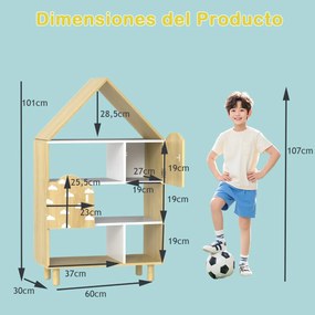 Estante infantil em forma de casa com compartimentos abertos 60 x 30 x 101 cm e pés em madeira de pinho Natural