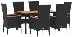7 pcs conjunto de jantar p/ jardim c/ almofadões vime PE preto