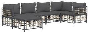 6 pcs conjunto lounge de jardim c/ almofadões vime PE antracite