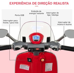 Motocicleta VESPA Elétrica acima de 3 Anos com Faróis Música 2 Rodas Auxiliares 108x49x75 cm Vermelho