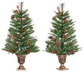 Conjunto de 2 Árvores de Natal Artificial 90cm com Vaso Ignífugo com 110 Ramos 70 Bagas 8 Pinhas e Folhas de PVC Decoração de Natal para Interiores Ve