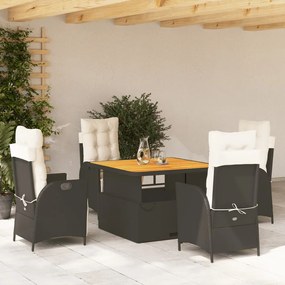 vidaXL 5 pcs conjunto de jantar p/ jardim c/ almofadões vime PE preto