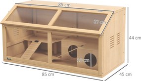Gaiola de madeira para hamster, habitáculo espaçoso para roedores, ventilação, tampa que se abre e acessórios, 85 x 45 x 44 cm, madeira natural