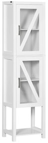 Kleankin Coluna Casa Banho 2 Portas Vidro Prateleiras Ajustáveis Armazenamento Funcional 45x30x170 cm Branco Elegante