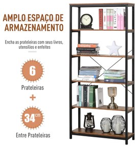 Estante estilo industrial com 6 prateleiras abertas para sala de estar Escritório 80x30x180 cm Castanho Rústico