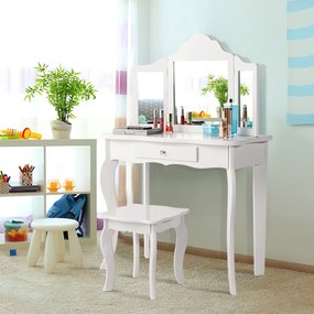 Conjunto de Toucador para Crianças com Espelho Dobrável Banco em 3 Partes e Gaveta 70 x 34 x 104 cm Branco