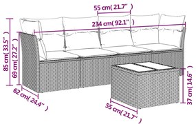 5 pcs conjunto sofás p/ jardim c/ almofadões vime PE castanho