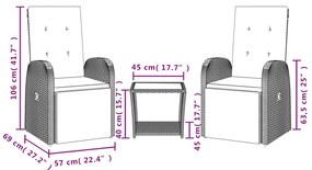 3 pcs conjunto de jantar p/ jardim c/ almofadões vime PE cinza