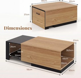 Mesa de centro extensível 80 x 60 x 37 cm em madeira com compartimentos e tampo adicional deslizante, design retangular para sala de estar Natural+Pre