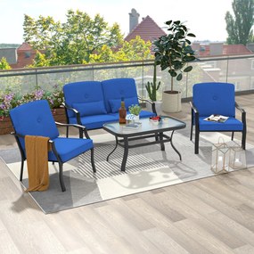 Conjunto de móveis jardim de 4 peças com 2 cadeiras Cadeira individual sofá de 2 lugares Mesa de vidro temperado para jardim Varanda Terraço Azul