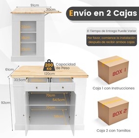 Ilha de cozinha com arrumação 120 x 61 x 92 cm Bancada de madeira Gavetas Prateleiras laterais 2 portas e 3 níveis de prateleiras ajustáveis Branco