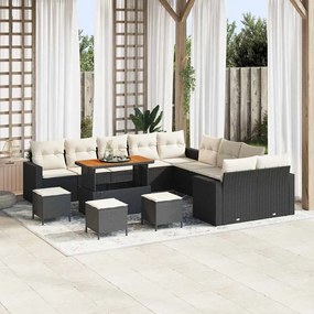 Conjunto de Sofá de Jardim de 14 Peças com Almofadas Preto Poli Rattan Acácia