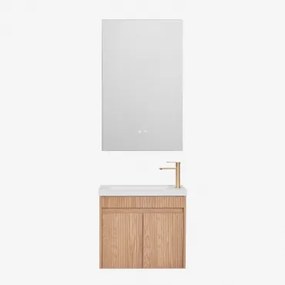 Conjunto De Móvel De Casa De Banho Suspenso Em Madeira Com Lavatório Integrado Narek Castanho Fresno & Retangular Led E Anti-embaciamento 55x90 Cm Rib