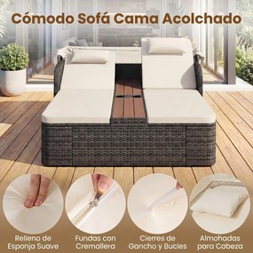 Cama de rattan jardim dupla com toldo retrátil 203 x 159 x 141 cm, encostos ajustáveis e mesa central com porta-copos para jardim, piscina e terraço c