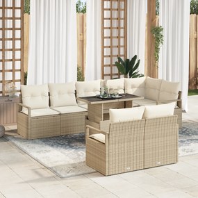 Conjunto de Sofá de Jardim vidaXL 9 Peças com Almofadas Beige Rattan P