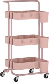 Carrinho de Cozinha Carrinho de Armazenamento com 4 Ganchos 3 Cestas Removíveis 3 Caixas Suspensas 42x38x86,5 cm Rosa