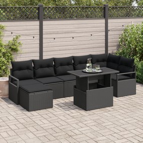 Conjunto de Sofás de Jardim de 8 Peças com Almofadas Preto Vime Poliés