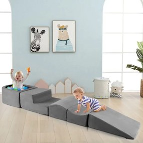 Conjunto de 5 peças para escalada e rampa para crianças Blocos de construção em esponja com piscina de bolas Cobertura lavável Criativa Cinzento