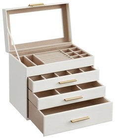 Caixa de joias SONGMICS com tampa de vidro, organizador de joias com 4 níveis, 3 gavetas, para óculos de sol, joias grandes, armazenamento de joias, estilo moderno, cores branco-nuvem e dourado JBC161W01