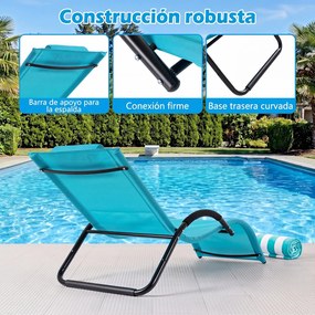 Conjunto de 2 espreguiçadeiras de exterior com estrutura curva, encosto de cabeça removível e apoios de braços ergonómicos para jardim ou praia, azuis