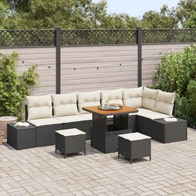 Conjunto de Sofás de Jardim vidaXL 9 Peças com Almofadas Preto Vime Poly Acácia