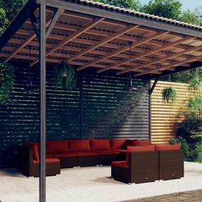 vidaXL 9 pcs conjunto lounge jardim c/ almofadões vime PE castanho