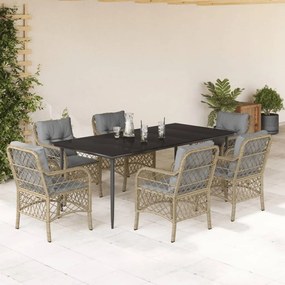 7 pcs conj. jantar jardim c/ almofadões vime PE bege misturado