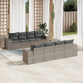 9 pcs conjunto sofás p/ jardim com almofadões vime PE cinzento