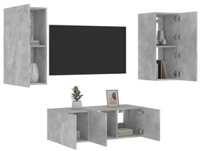 vidaXL 4 pcs móveis parede p/ TV c/ LEDs deriv. madeira cinza cimento