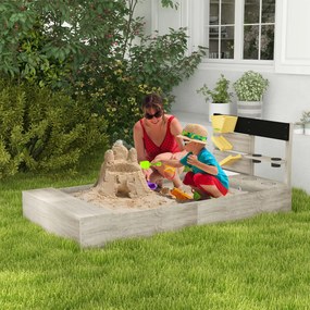 Caixa de Areia para Crianças de Madeira com 2 Assentos e Brinquedos de Cozinha para Pátio Jardim 154x80x60 cm Cinza