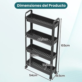 Carrinho estreito de 4 níveis com rodas e pegas 54 × 18,5 × 103 cm Organizador móvel para cozinha, casa de banho, lavandaria e escritório Preto
