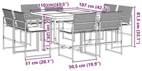 9 pcs conjunto de jantar p/ jardim c/ almofadões vime PE preto