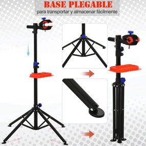 HOMCOM Suporte de reparo Cavalete de bicicleta portátil para casa Altura ajustável 110-180cm com 4 pernas Bandeja de ferramentas Até 25kg 84x84x180 Preto