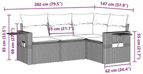 4 pcs conj. sofás jardim c/ almofadões vime PE cinzento-claro