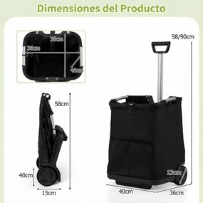 Carrinho de compras dobrável 50L utilitário portátil de alumínio com 3 bolsos e pega retrátil leve Preto