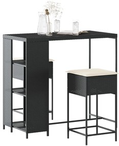 vidaXL 3 pcs conjunto de bar para jardim c/ almofadões vime PE preto