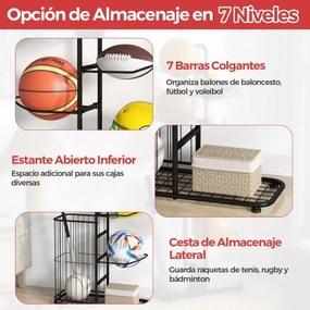 Estante de armazenamento de bolas de 7 níveis Estante de basquetebol com 7 barras de suspensão amovíveis e cesto lateral para bolas
