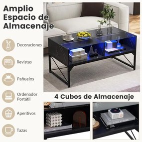 Mesa de centro com luzes LED de alto brilho com tampo de mármore sintético e tampo de vidro temperado com 4 cubos Preto