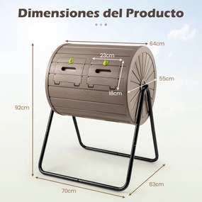 Compostor giratório para jardim com 142 L e câmara dupla, rotação eficiente de 360 graus, cor castanha