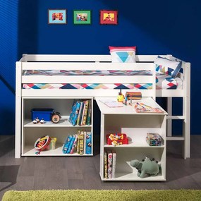 Conjunto Cama alta de Criança PINO 90 x 200 cm + estrado + escada + secretária extensível + estante Branca