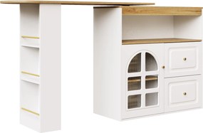 Mesa de Bar giratório 360°, com 2 gavetas, prateleira para snacks, vidro curvo, 138-204x39x104 cm, Branco
