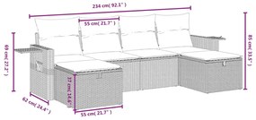 6 pcs conjunto sofás de jardim c/ almofadões vime PE preto