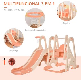 Baloiço e Escorrega para Crianças acima de 18 Meses Cesta de Basquetebol 3 em 1 com Assento Ajustável Parque Infantil Interior e Exterior 158x117x97cm Coral
