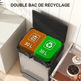 Caixote do lixo com dois compartimentos de 2 x 30 L, caixote do lixo de cozinha com pedal, tampa com fecho suave, 47,5 x 37,5 x 67 cm, prateado