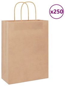 vidaXL Sacos de papel 250 unid com alças castanho 26x12x35 cm