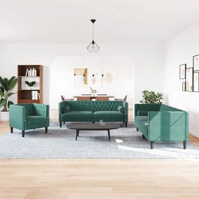 3 pcs conj. de sofás chesterfield com rolos veludo verde-escuro